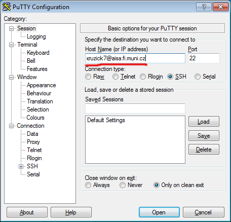 Připojení přes PuTTY na aisa.fi.muni.cz – krok 1